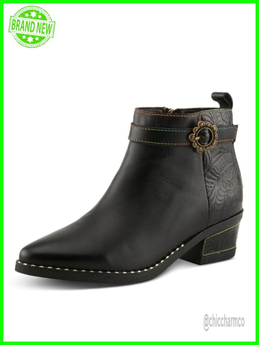 Womens Embossed Floral Leather Ankle Booties Pointed Toe Block Heel Boots